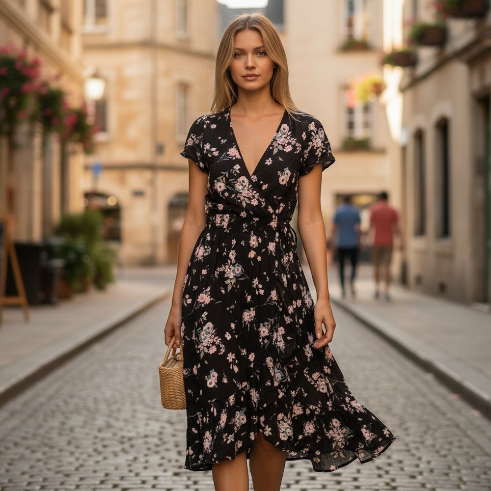 American Rag Floral Maxi Dress Large Black Excellent Smocked Waist Boho V-Neck